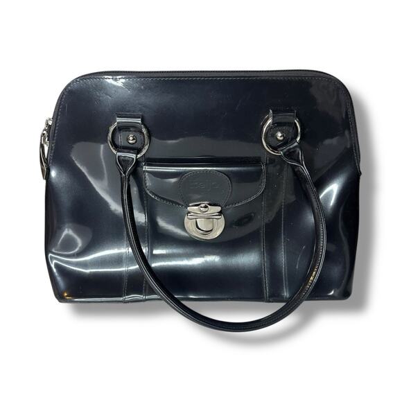 Beijo Handbags - Beijo Double Handle Shoulder Bag Zipper Closure Pewter Gray Shiny Pockets Silver